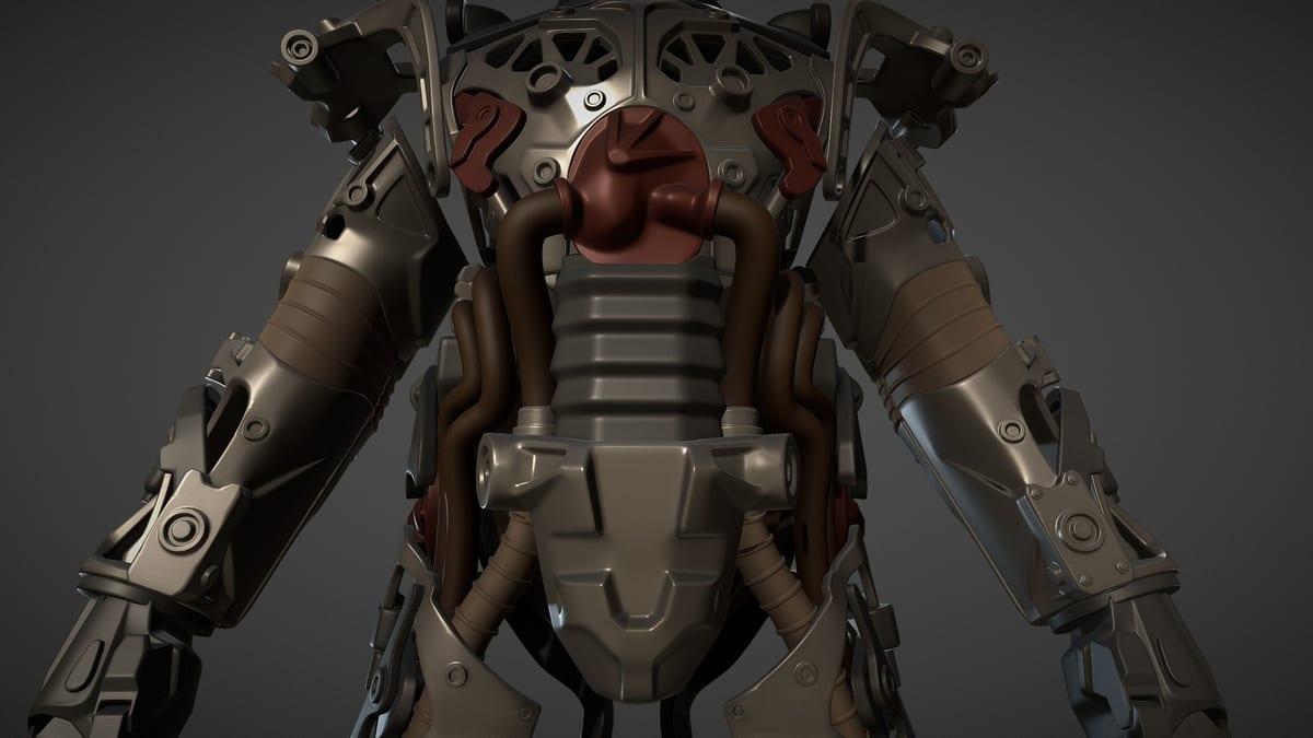 A rendered 3D model of a bulky mechanical power armour frame showing torso, arms and hose detail