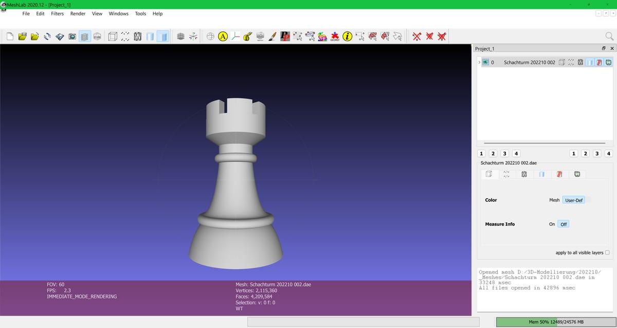 A chess rook model open in MeshLab, its face and vertex counts shown in the status bar