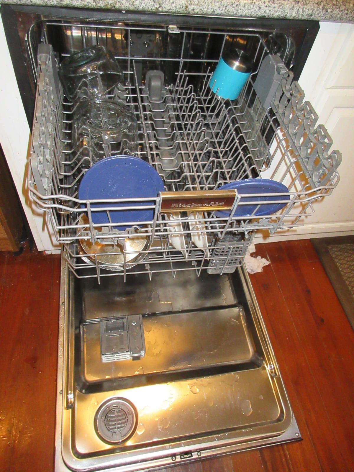 An open domestic dishwasher showing upper and lower wire racks with coated tines