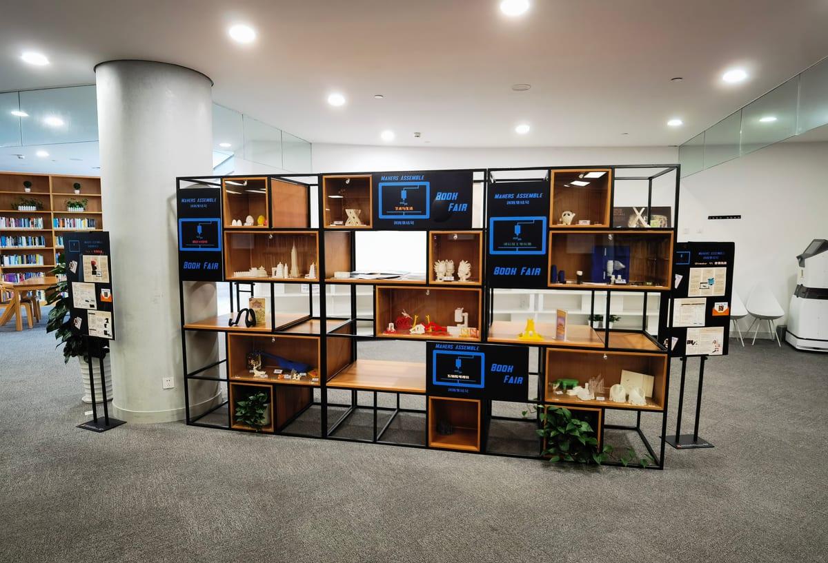 Display shelving unit in a library holding dozens of small white and coloured 3D printed models