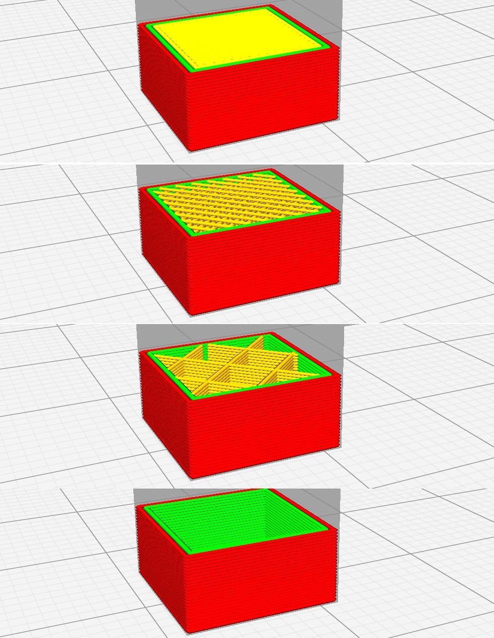 Slicer previews of the same box showing red perimeter walls and four different infill densities